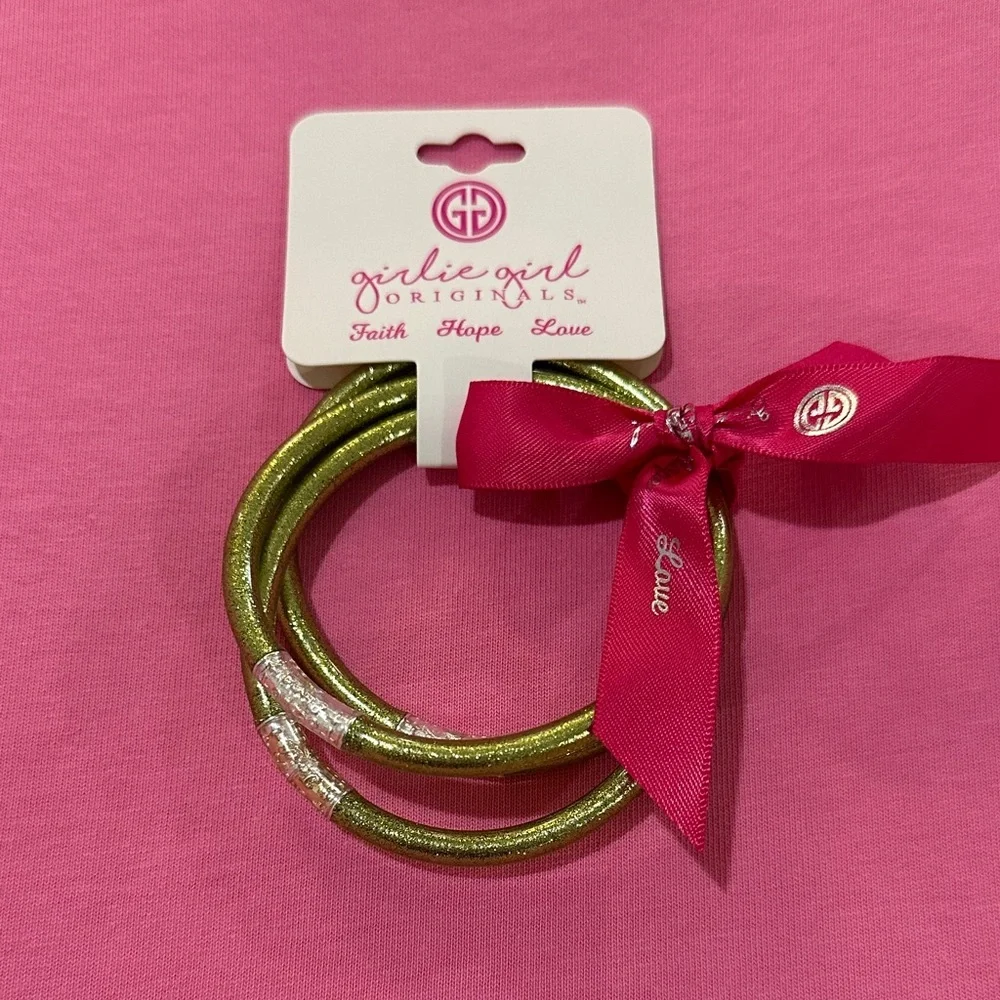 Girlie Girl Originals. 3 Glittery Green Bracelets with Pink Ribbon. (NWT)